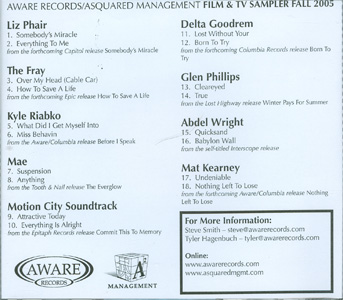 Aware Records / ASquared Management Film & TV Sampler Fall 2005 back cover