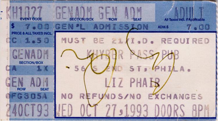 signed ticket from Khyber Pass Pub, Philadelphia, PA, October 27, 1993